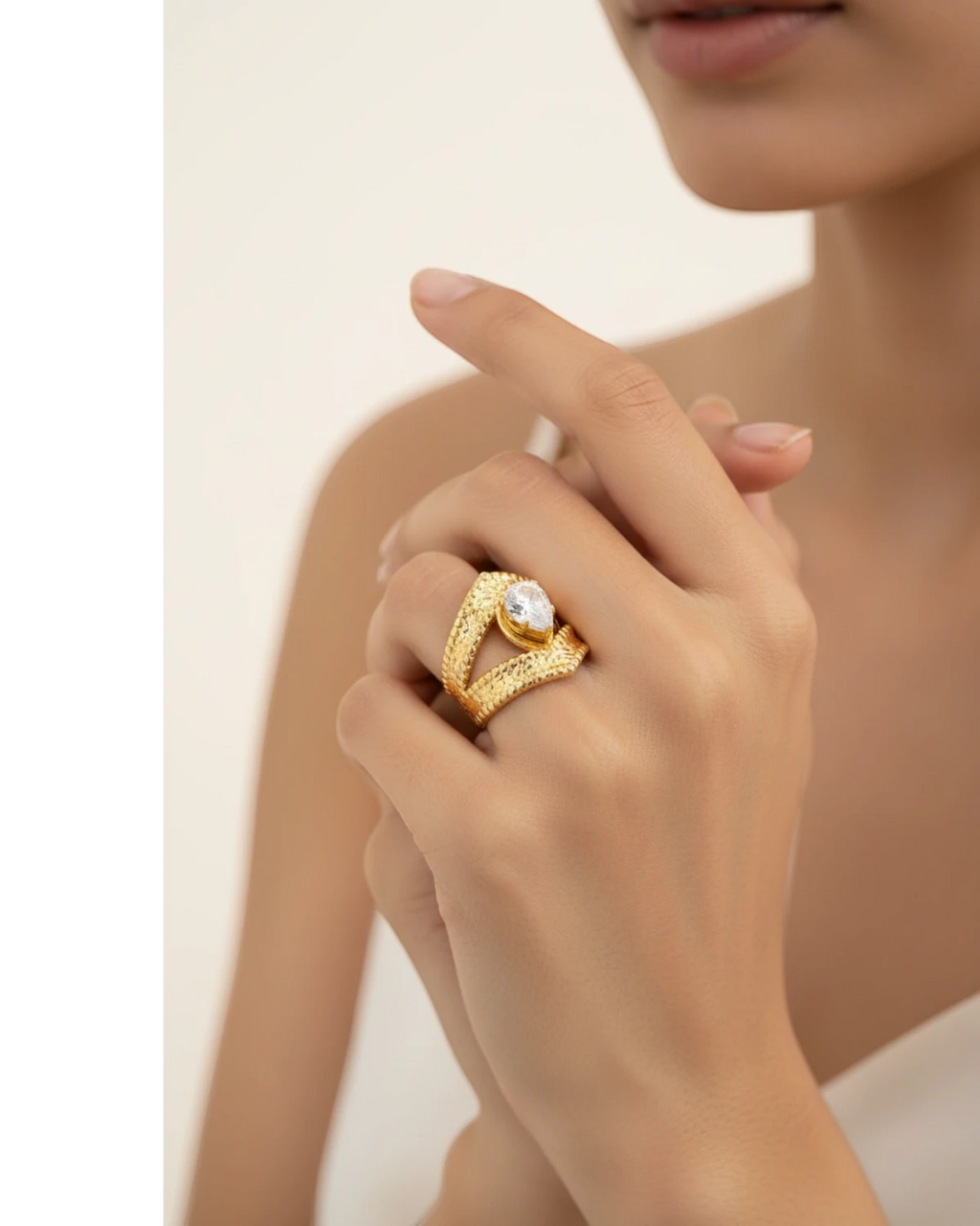 Gold zircon ring worn — model shot