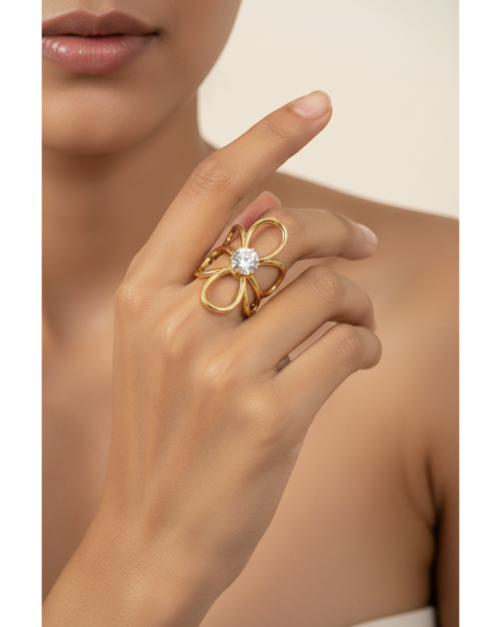 Gold Flower Ring worn — model shot