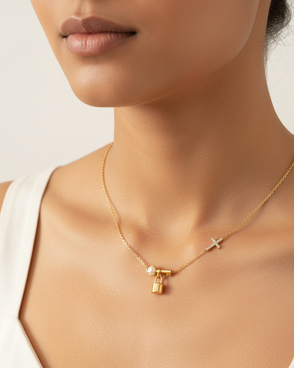 Gold necklace with key and lock charms worn — model shot