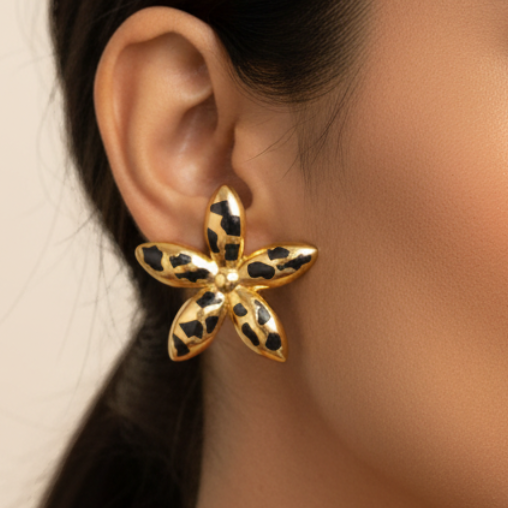 Gold Leopard Print Flower Stud Earrings worn — model shot