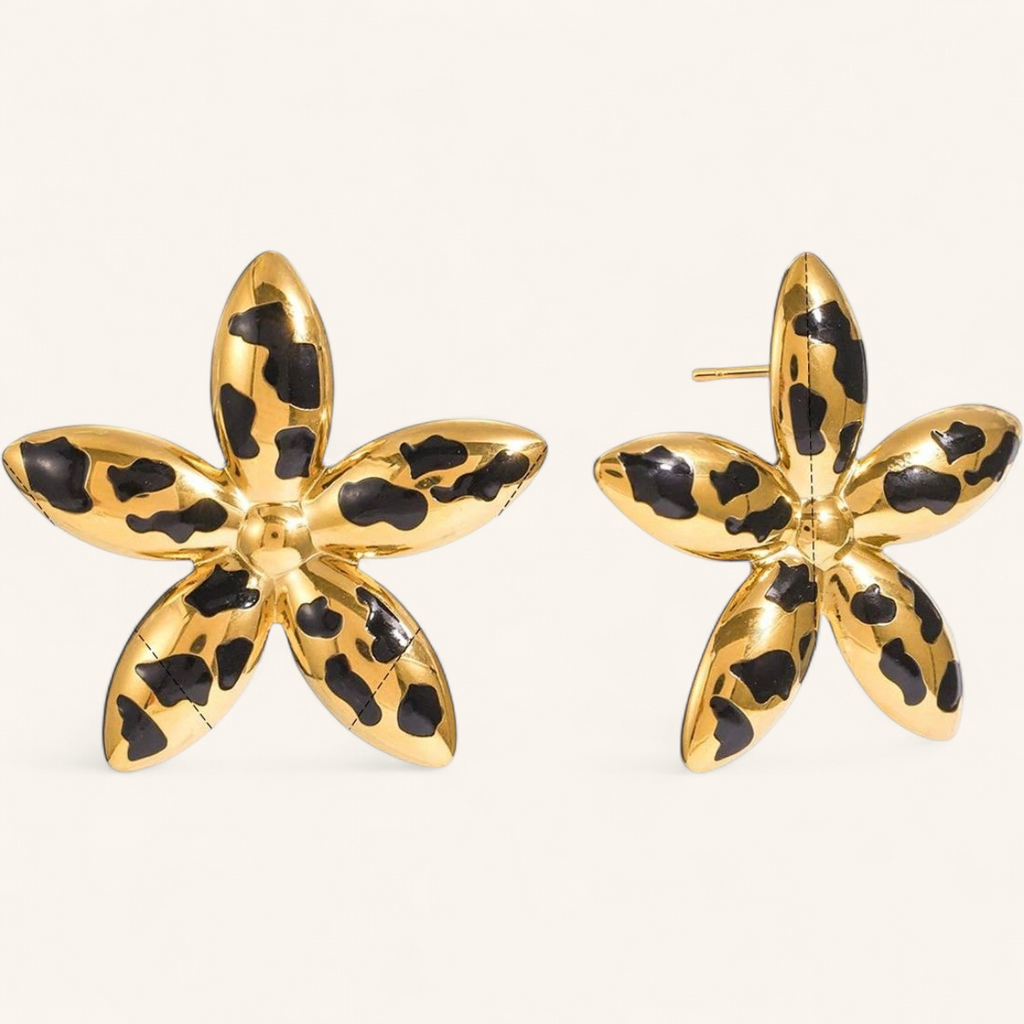 Gold leopard print flower stud earrings — clean studio packshot