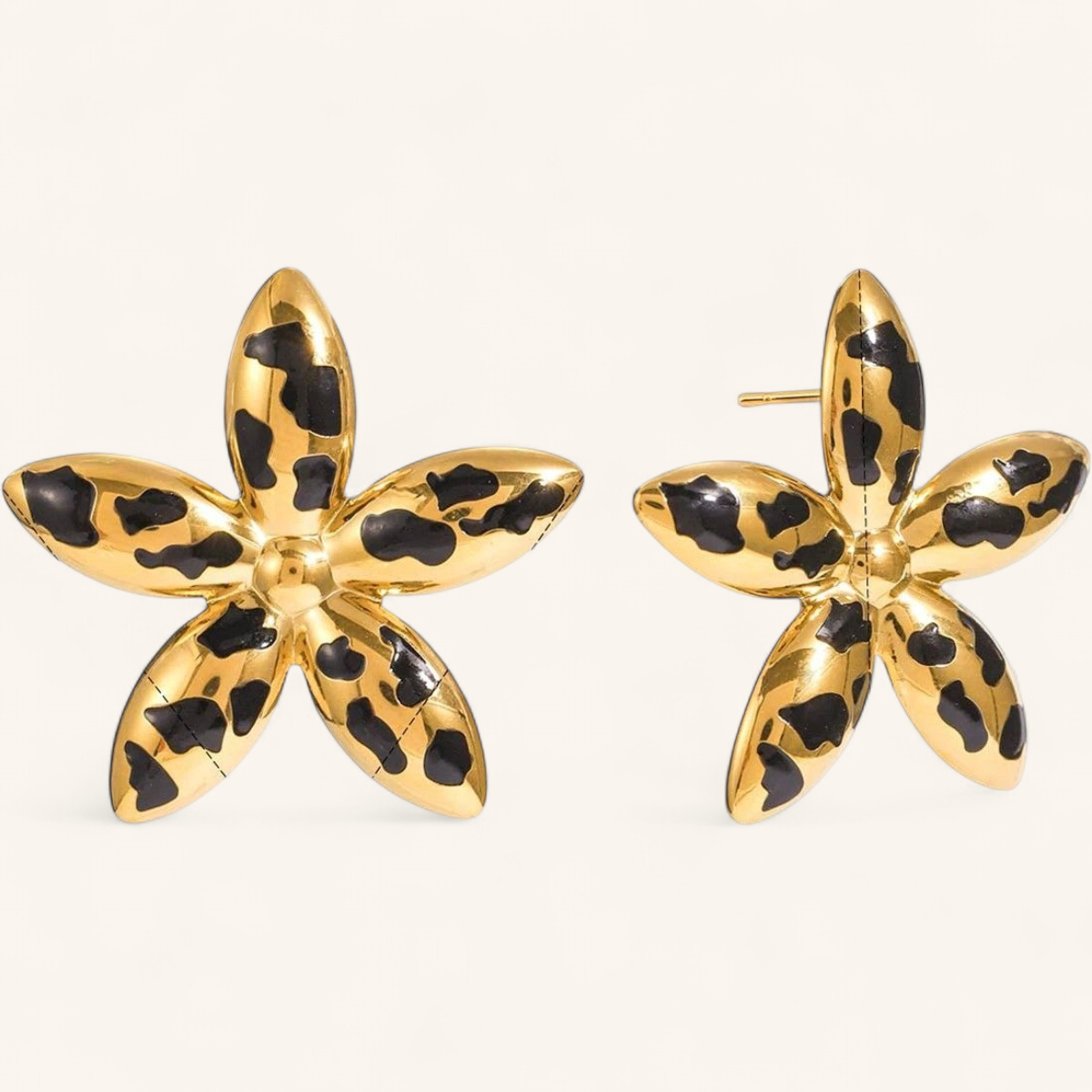 Gold leopard print flower stud earrings — clean studio packshot