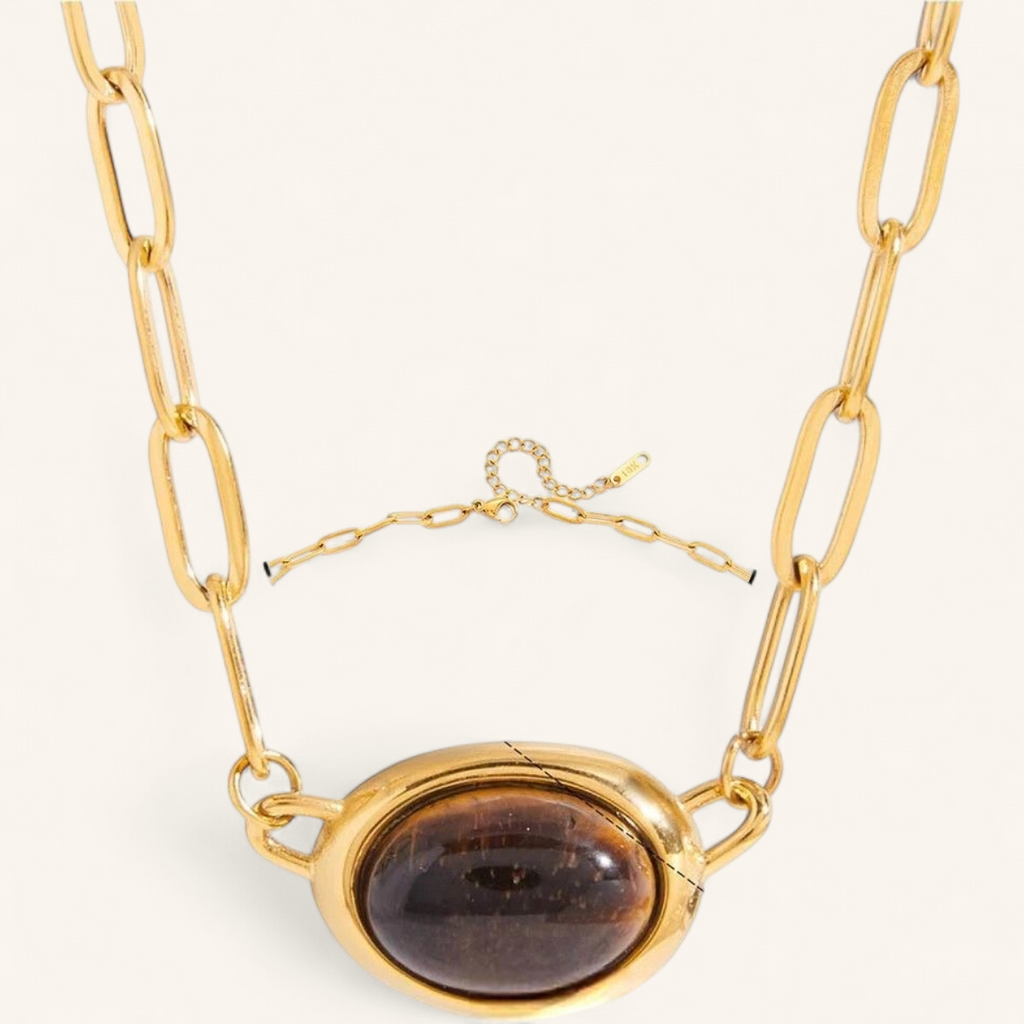 Gold chain necklace with tiger eye stone — clean studio packshot