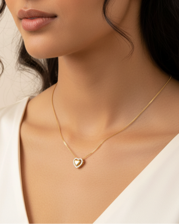 Petite Heart Necklace worn — second model shot
