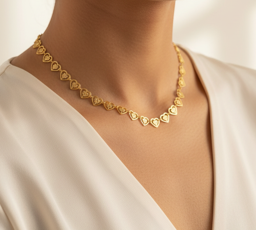 Gold Linked Hearts Chain Necklace worn — model shot