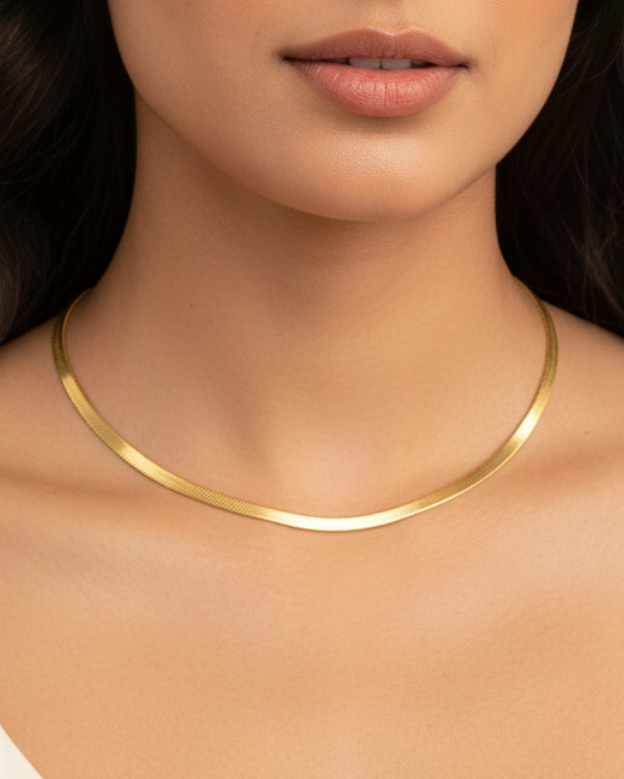 Gold Snake Chain Collar Necklace worn — model shot