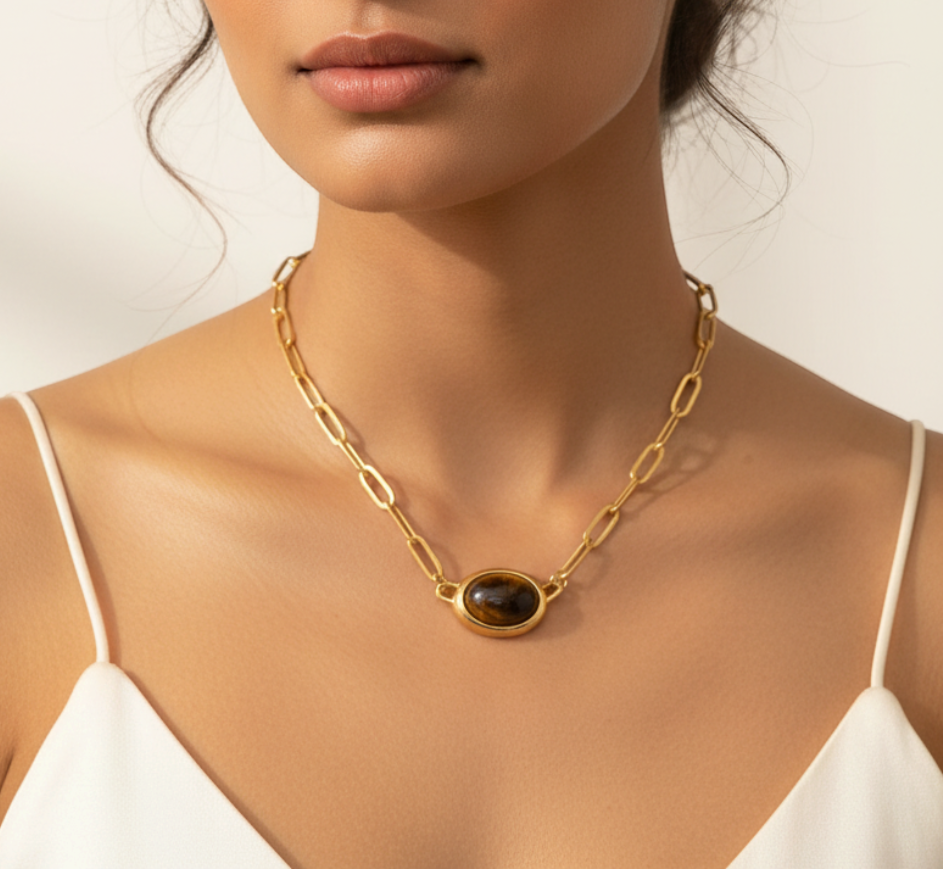 Gold Chain Necklace with Tiger Eye Stone worn — model shot