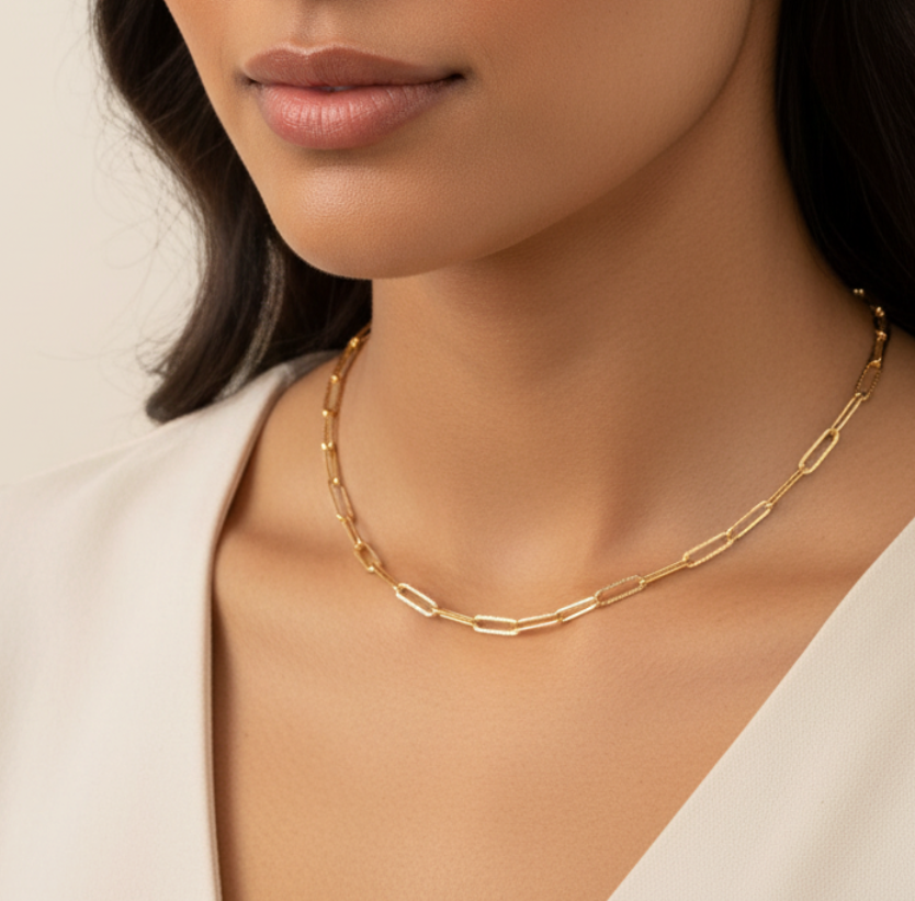 Gold Paperclip Chain Necklace worn — model shot