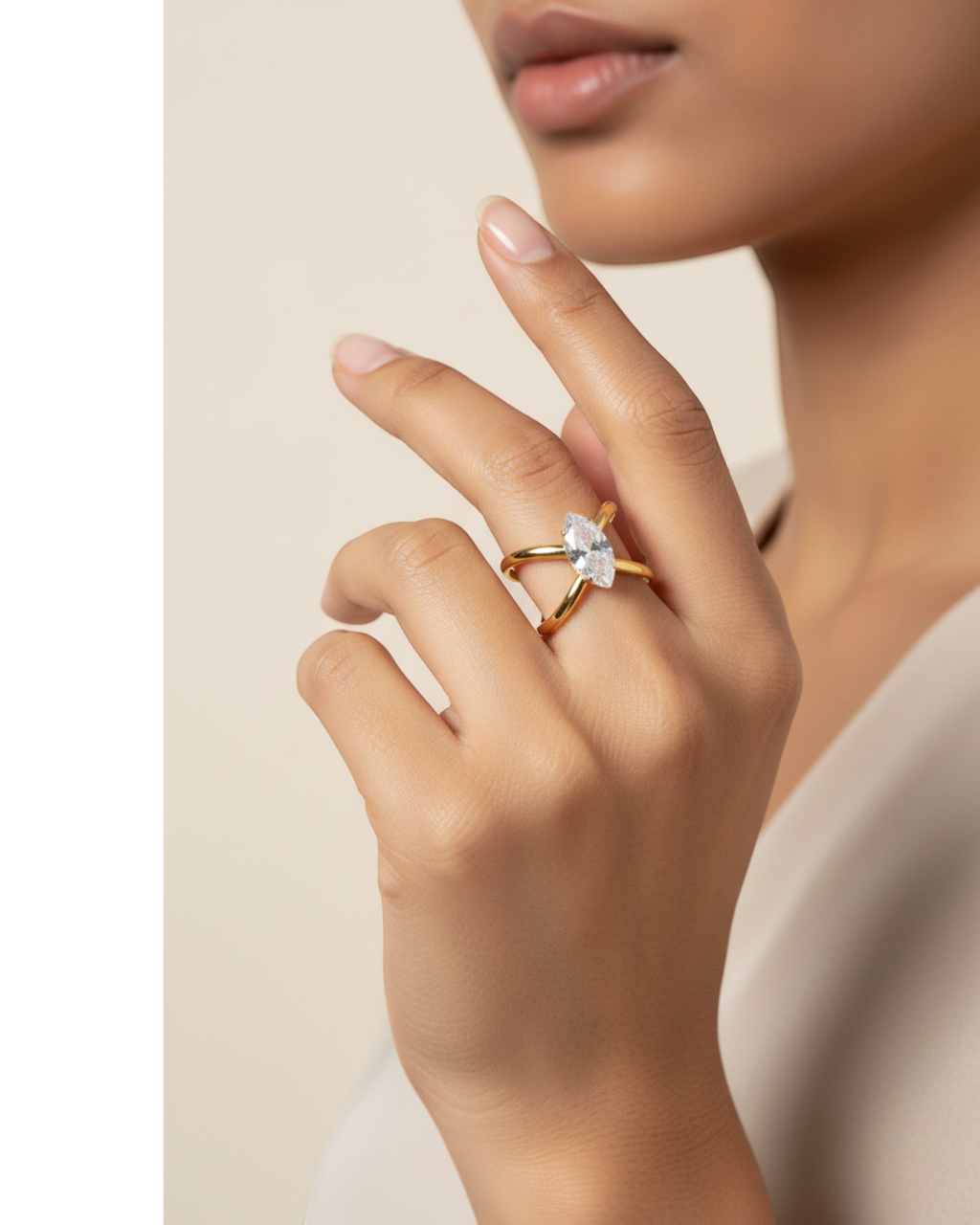 Gold zircon ring worn — model shot