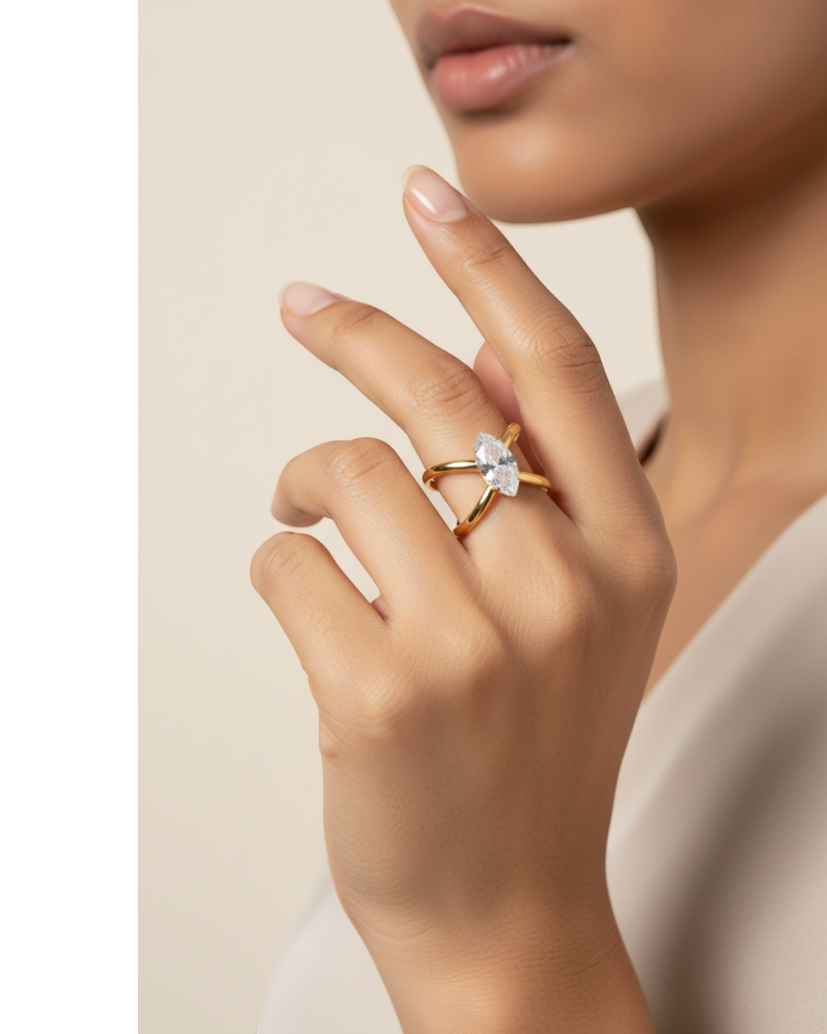 Gold zircon ring worn — model shot