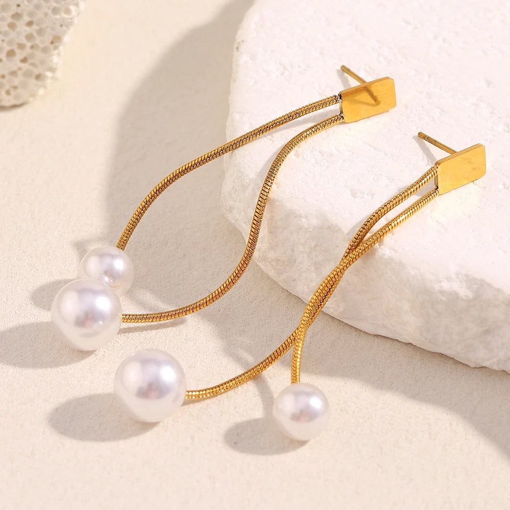 Long Gold Pearl Drop Earrings — supplier angle 1