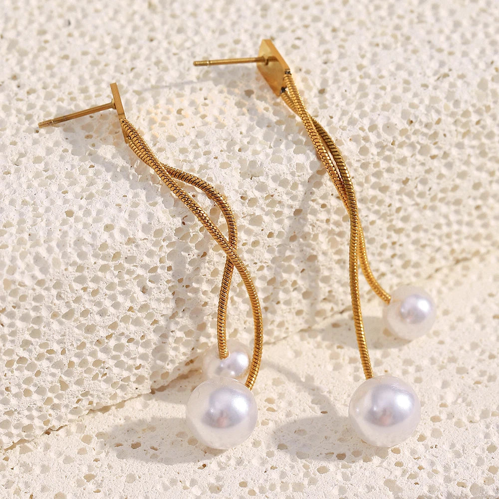 Long Gold Pearl Drop Earrings — supplier angle 2