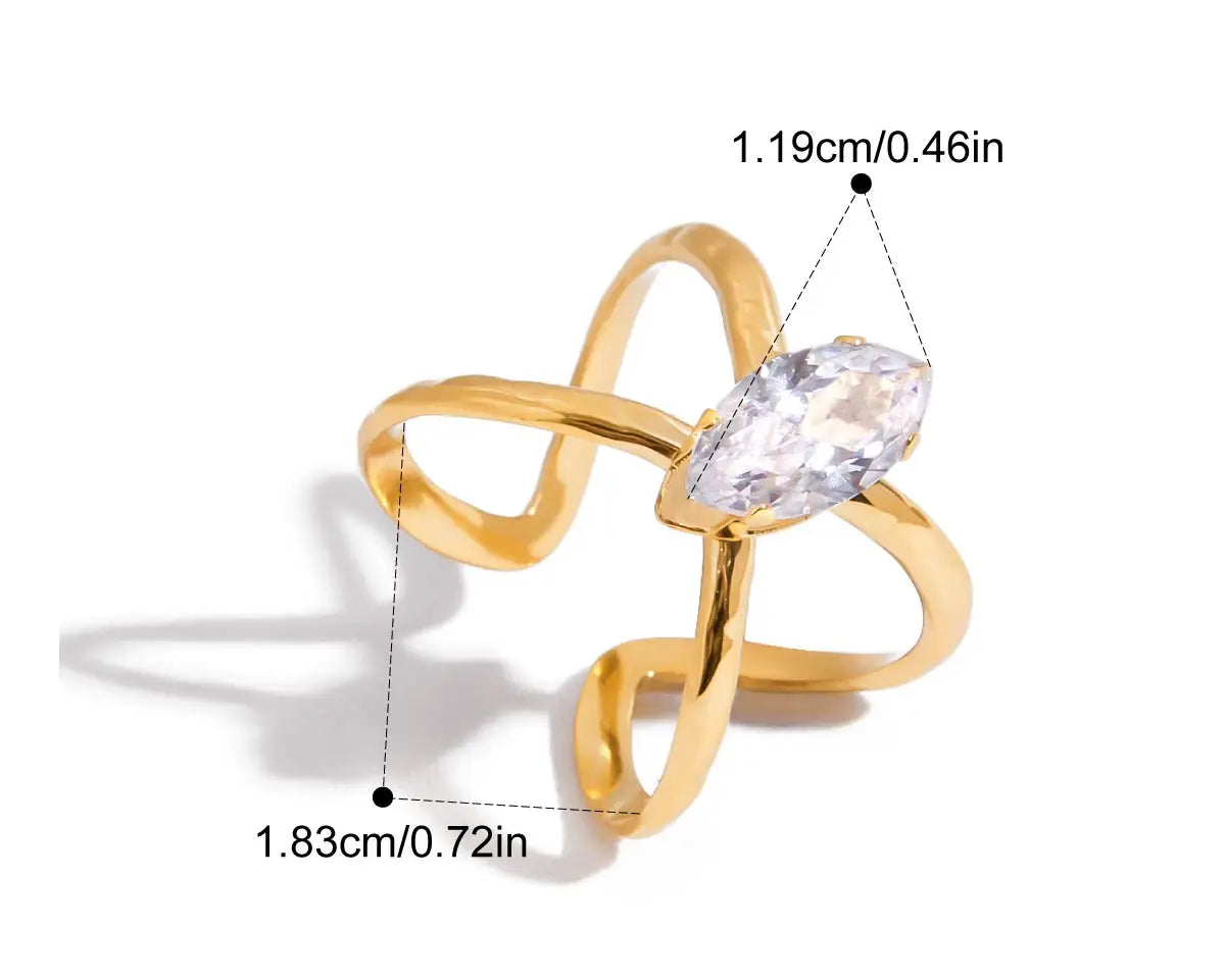 Crossover band ring with marquise stone, measurements 1.83 cm across and 1.19 cm stone