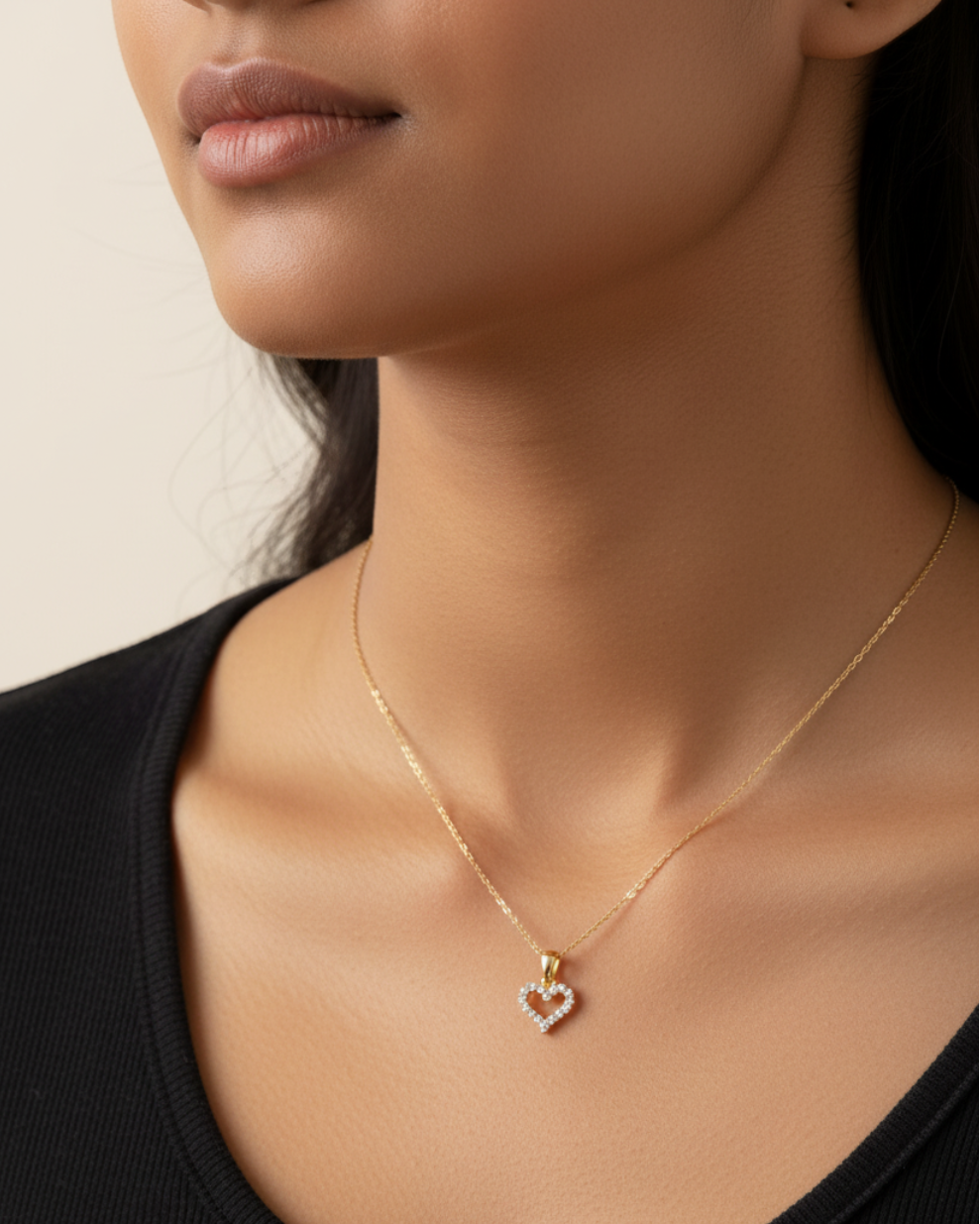 Fine gold necklace with open heart pendant worn — model shot