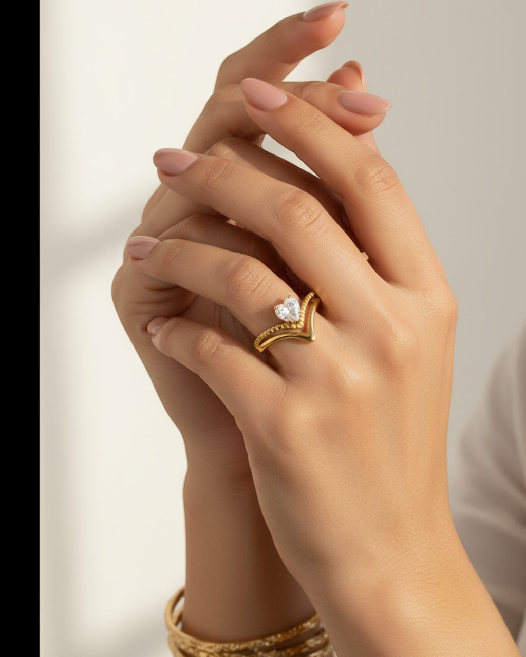 Gold zircon ring worn — model shot