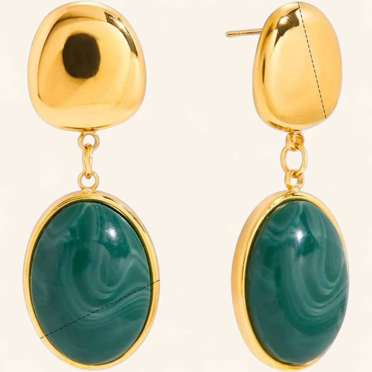 Gold and green resin drop earrings — clean studio packshot
