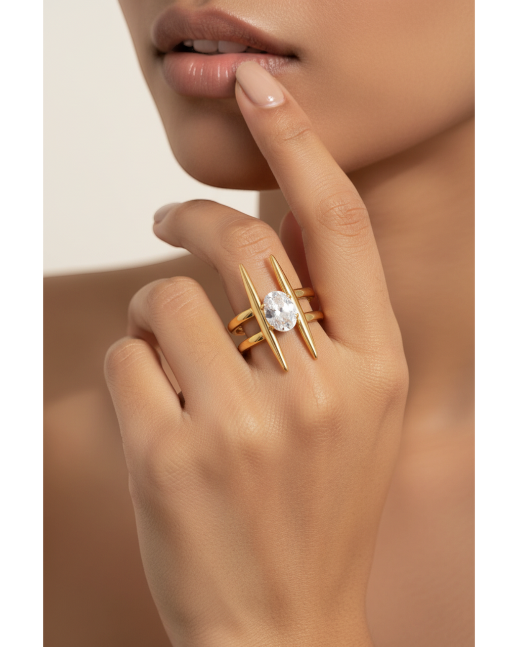 Gold zircon ring worn — model shot