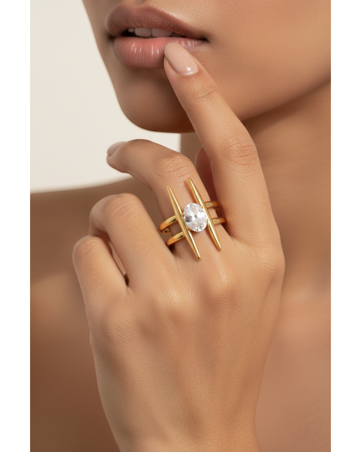 Gold zircon ring worn — model shot