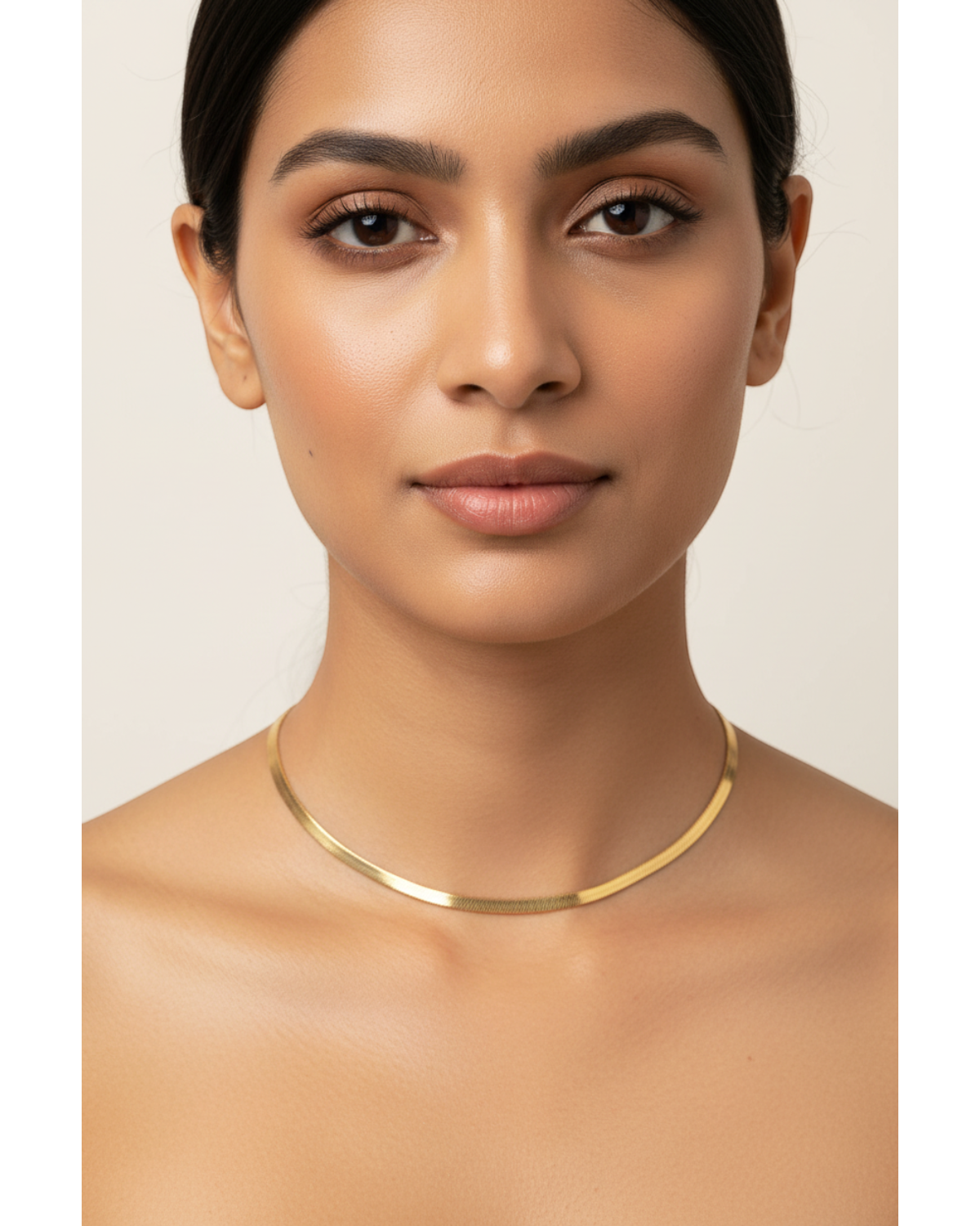 Gold snake chain collar necklace worn — model shot