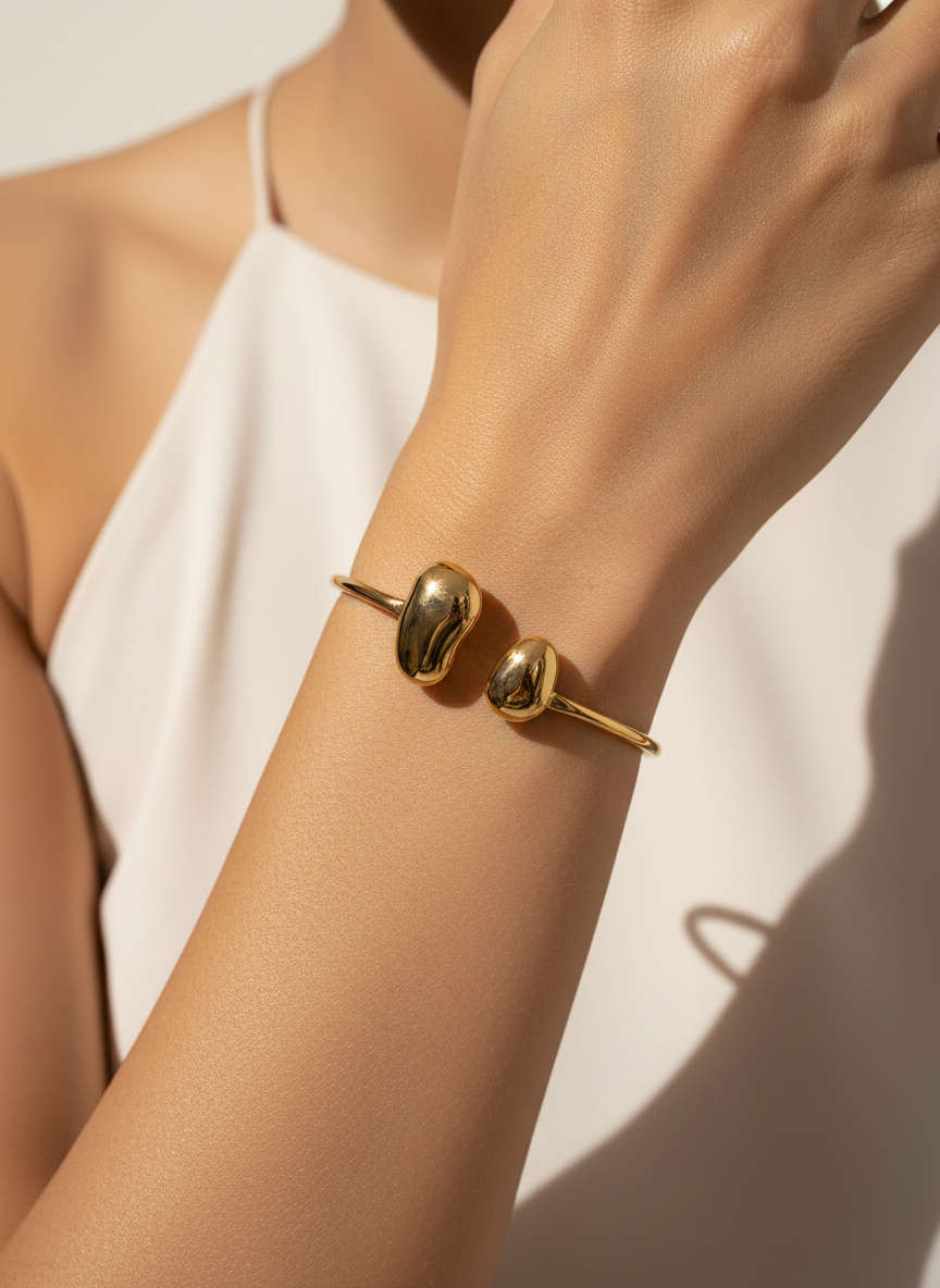Pebble Duo Open Cuff worn on wrist — Kriaza everyday luxury