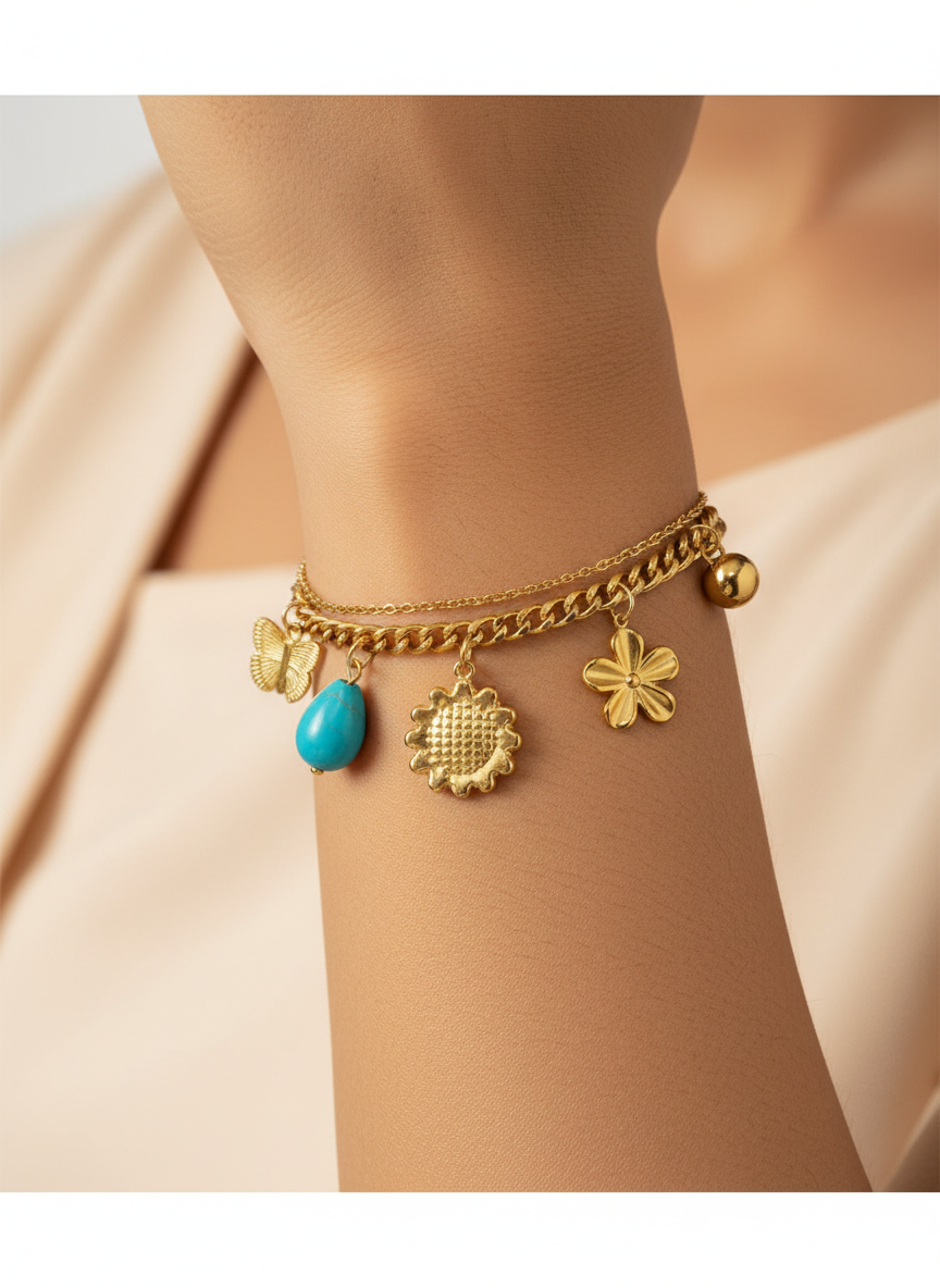 Meadow Charm Layered Bracelet worn on wrist — Kriaza