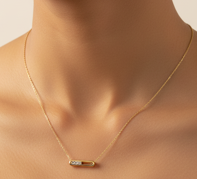Floating Zircon Capsule Necklace worn at collarbone — Kriaza