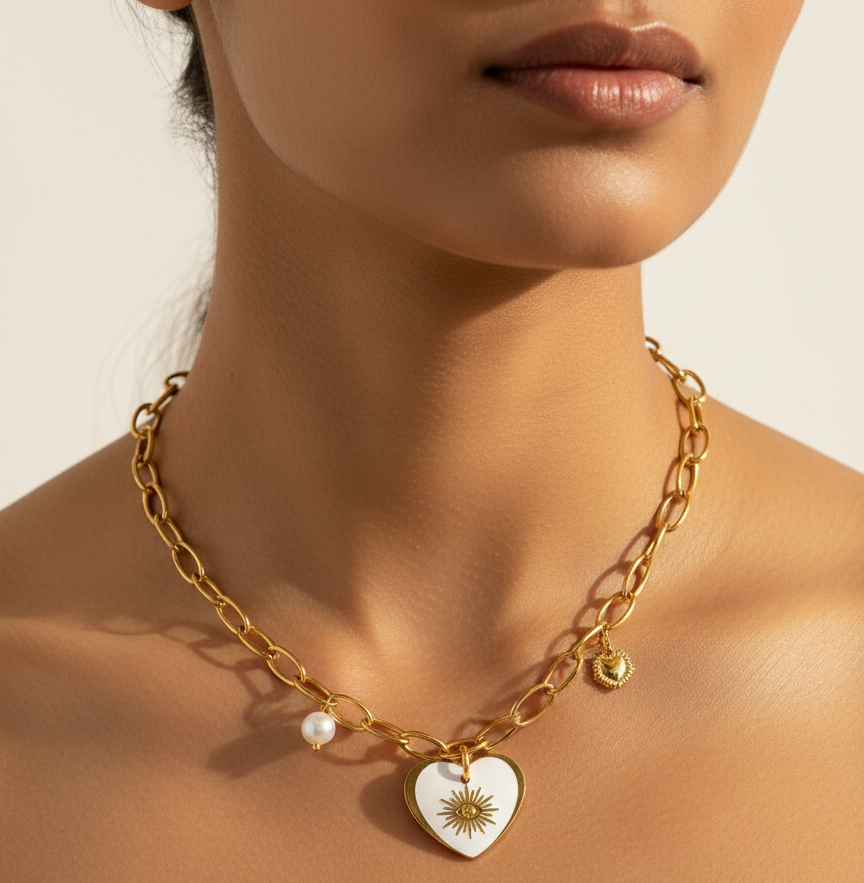 Guardian Heart Enamel Necklace worn at neckline — Kriaza