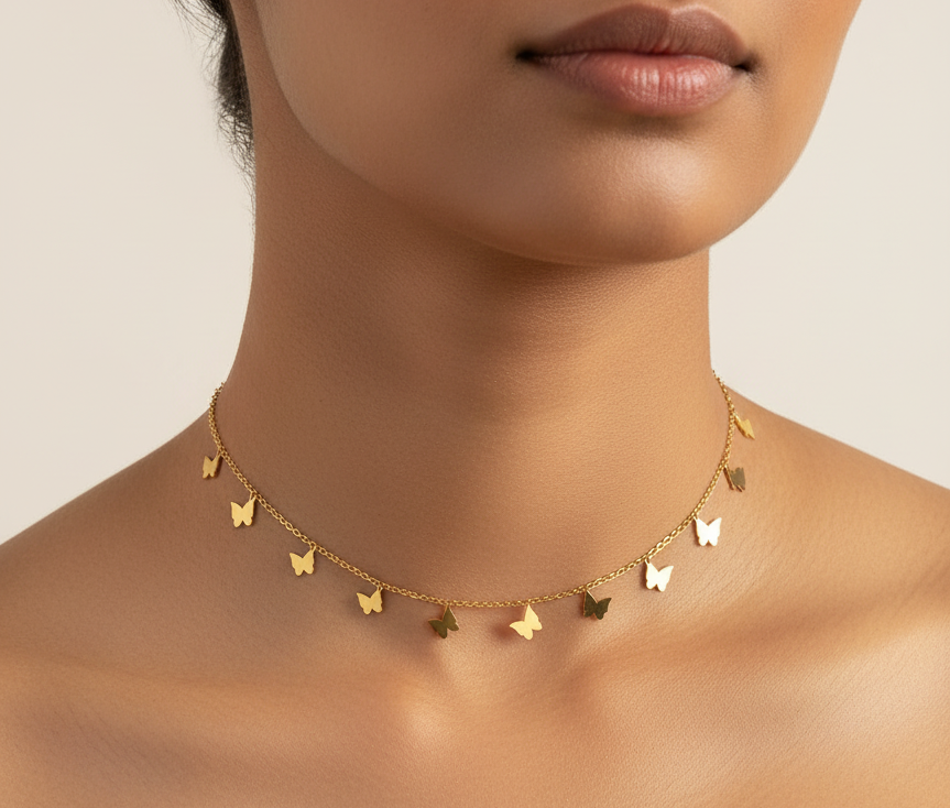Butterfly Whisper Choker worn at collarbone — Kriaza