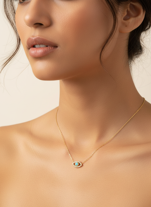 Azure Evil Eye Halo Necklace worn at collarbone — Kriaza