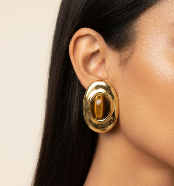 Tiger Eye Dome Studs worn on ear — Kriaza