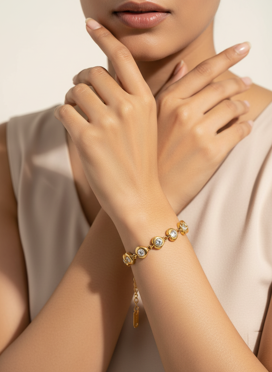 Crystal Heart Link Bracelet worn on wrist — Kriaza