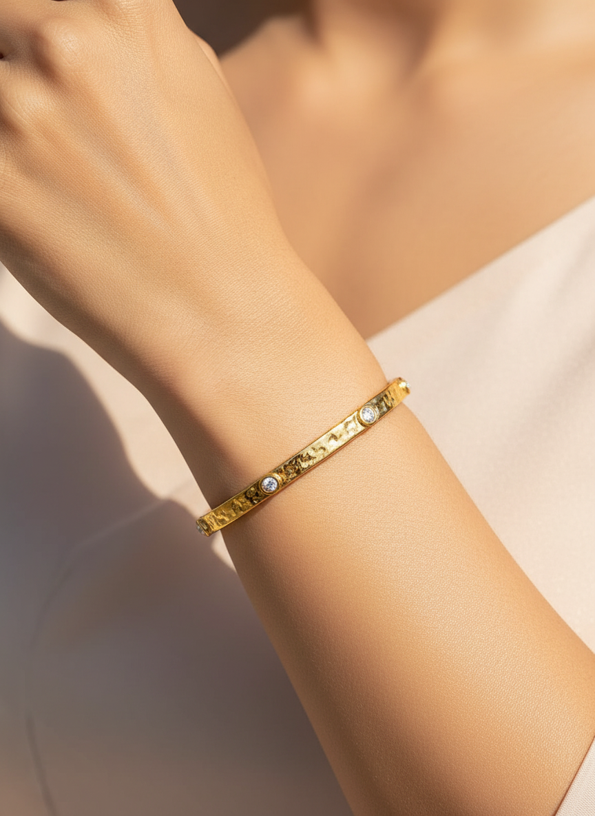 Hammered Halo Zircon Bangle worn on wrist — Kriaza