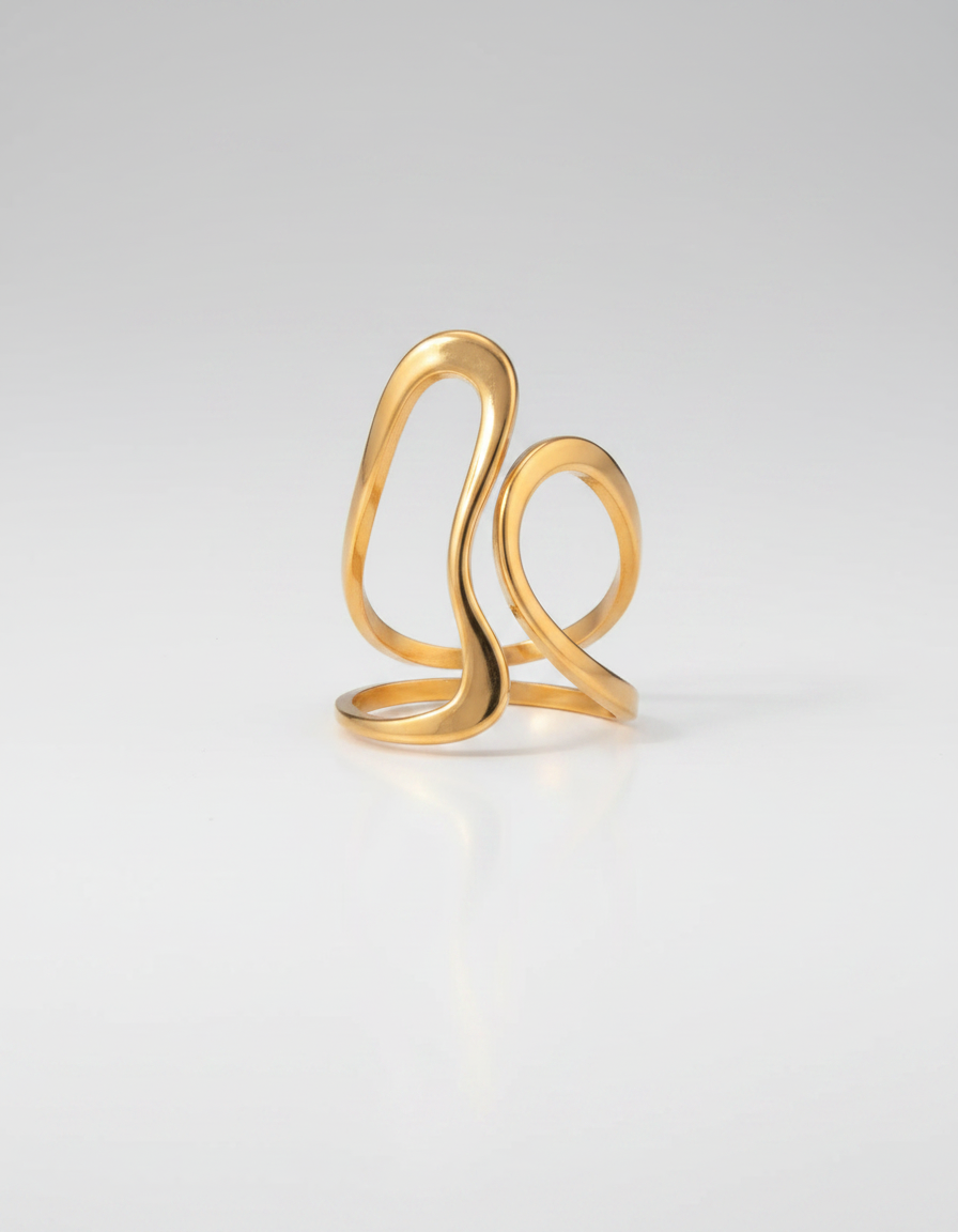 Fluid Line Open Ring — 18K gold plated sculptural open ring, studio shot