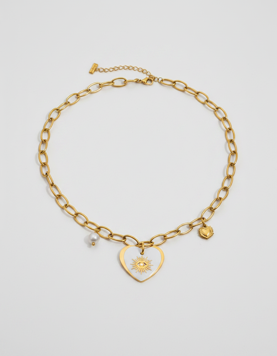 Guardian Heart Enamel Necklace — white enamel heart pendant on gold oval-link chain