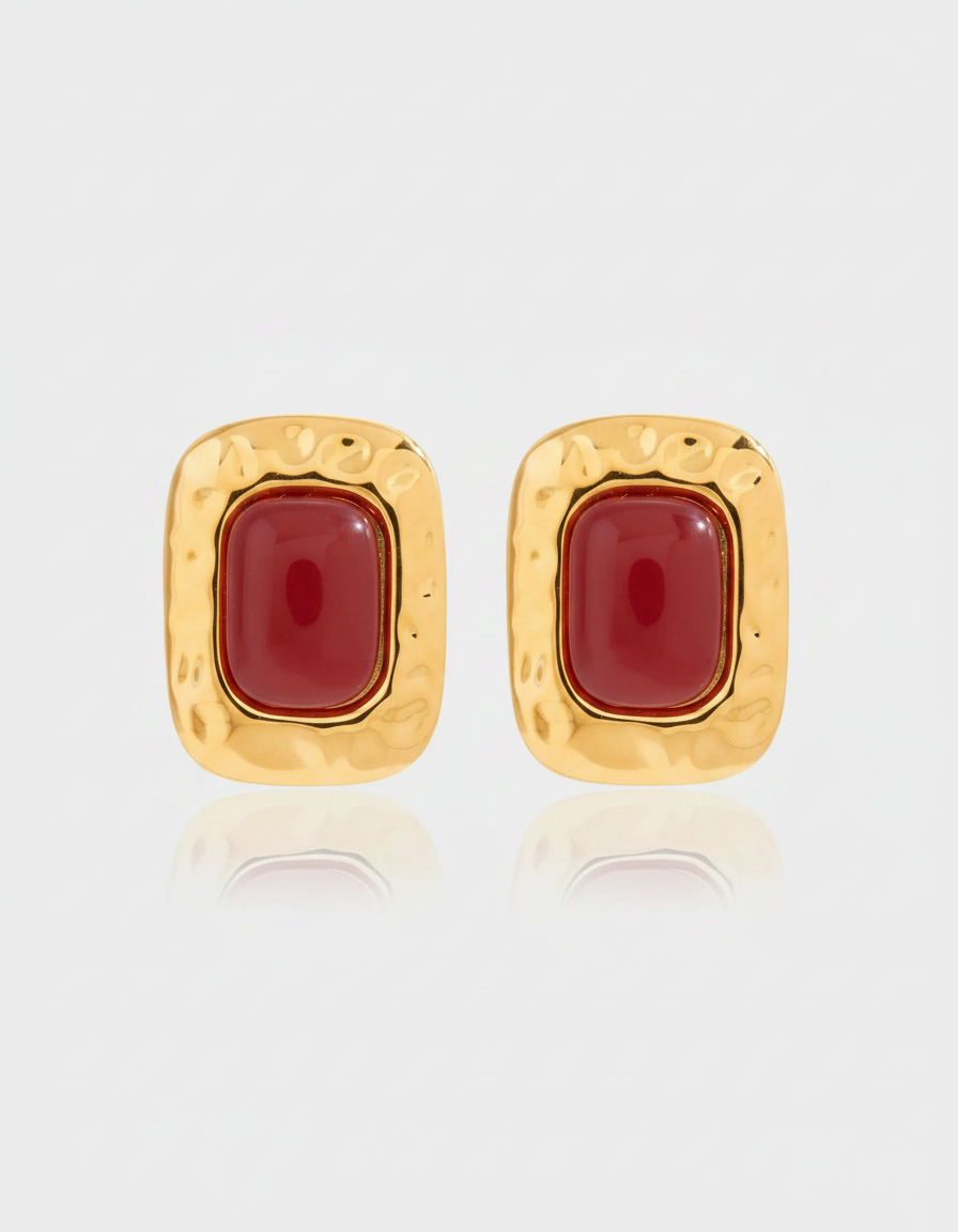 Rouge Cushion Studs — hammered gold studs with red resin centre