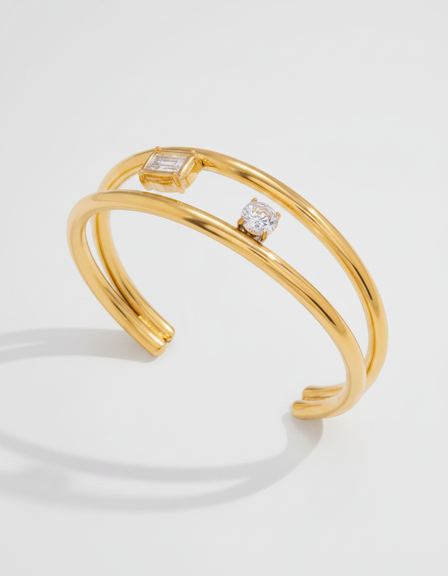 Orbit Zircon Double Cuff — double-band gold open cuff with zircons